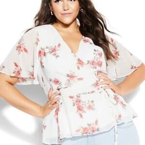 City Chic Ivory Floral Secret Crush Faux Wrap Flutter Sleeve Blouse